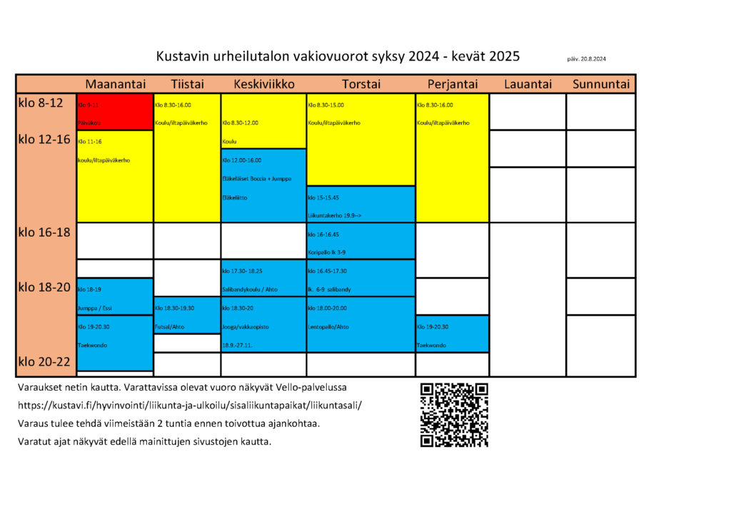 liikuntasalin vakiovuorokalenteri